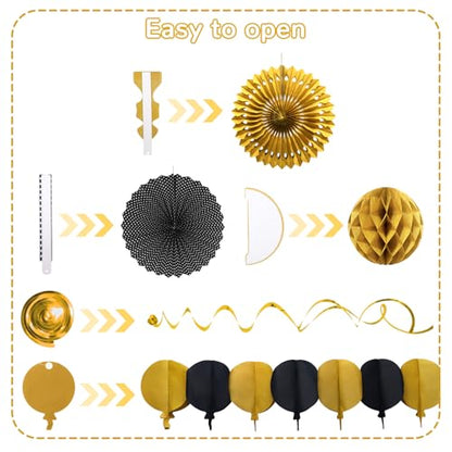 Black Gold Party Decorations, New Years Eve Party Supplies Easy Assembly Paper Fan Honeycomb Ball Garland Hanging Swirl for Graduation Congrats Grad Birthday Happy New Year Party