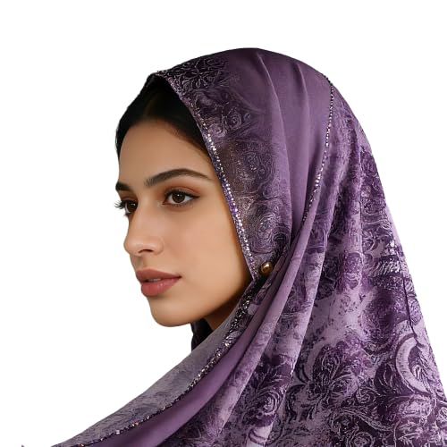 Chiffon Rhinestone Muslim Headscarf - color: Purple Vintage Floral Print 