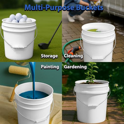 5-Gallon Bucket Only – Heavy-Duty Extra Durable Pail – Made in USA – Premium Quality HDPE – Food Grade – BPA Free – Metal Handle with Plastic Grip – Stackable – Multi-Use (White, 5) - color: White, size: 5