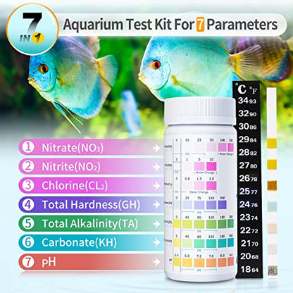 Umlecoa 7 in 1 Aquarium Test Kit for Freshwater and Saltwater - 125 Aquarium Test Strips with Test Tube & Thermometer - Fast & Accurate Water Testing Strips for Aquarium/Pond/Pool - size: 7 IN 1