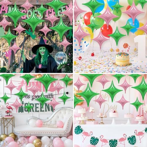 Pink Green Star Balloons,12Pcs Four Angle Star Foil Balloons - color: Pink Green