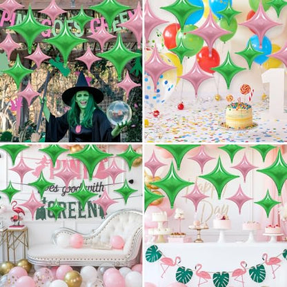 Pink Green Star Balloons,12Pcs Four Angle Star Foil Balloons - color: Pink Green