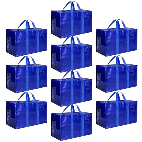 HealSmart 10 Pack Large Moving Bags with Zippers & Handles, Moving Supplies with lids, Heavy Duty Totes for Space Saving, Fold Flat, Moving and Storing, Blue - color: Blue, size: 10-Pack, style: Carrying Handle