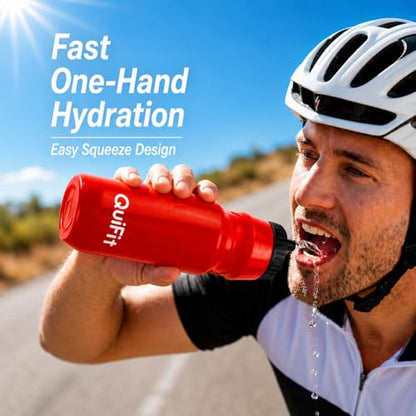 QuiFit Lacrosse Water Bottle with Long Straw - Hockey 1 Liter Water Bottles 2 Pack with 2 Lids Each- BPA Free Squeeze lightweight Water Bottle, Leakproof Dishwasher Safe- for Helmet,Baseball (Red) - color: Red