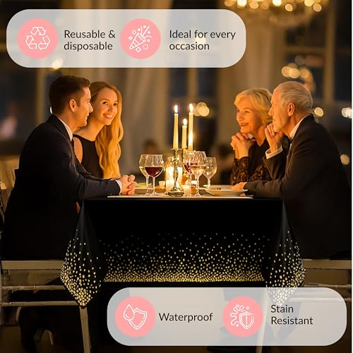 Prestee 12-Pack Black and Gold Dots Disposable Tablecloths – 108x54 Inch Waterproof Plastic Table Covers – Elegant, Heavy-Duty Party Tablecloths for Weddings, Birthdays, Holidays, and Events - color: Black/Gold, size: Rectangle (12 Pack)