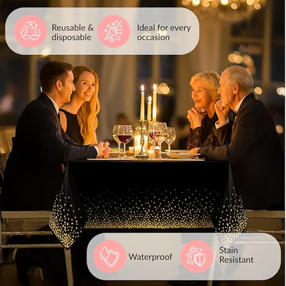 Prestee 12-Pack Black and Gold Dots Disposable Tablecloths – 108x54 Inch Waterproof Plastic Table Covers – Elegant, Heavy-Duty Party Tablecloths for Weddings, Birthdays, Holidays, and Events - color: Black/Gold, size: Rectangle (12 Pack)