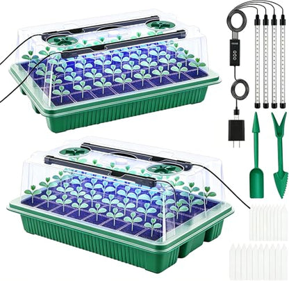 Seed Starter Tray with Timed Grow Light, 2 Pack 80 Cells Plant Starter Tray Seedling Starter Kit with Humidity Domes Base Indoor Mini Greenhouse Plant Germination Trays for Seeds Growing Starting
