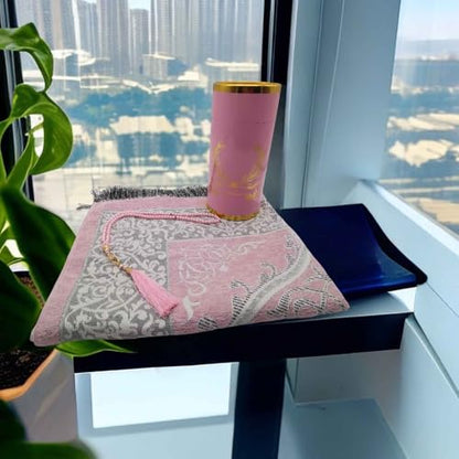 Muslim Prayer Rug and Beads with Gift Box, Soft Islamic Prayer Mat, Islamic Gifts Set, Prayer Carpet Mat, Sajadah/Janamaz/Seccade (Pink) - color: Pink