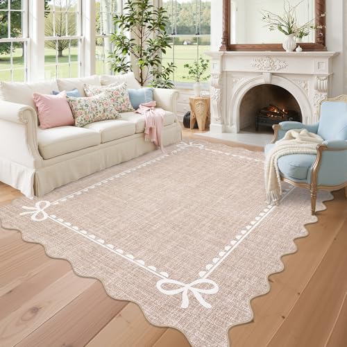 GarveeHome Scalloped Bow Rug 5x7 Washable Camel Rug for Bedroom Living Room - color: Camel, size: 5' x 7' (Rectangular)
