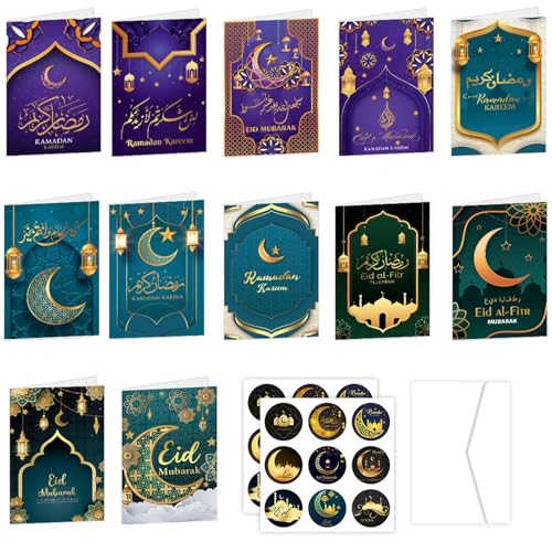 Qpout 12 Pack Eid Mubarak Greeting Cards with Envelopes & Stickers Perfect for Ramadan Decorations and Muslim Celebrations