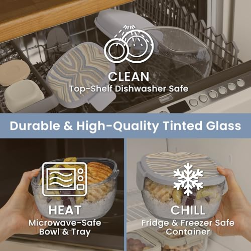 Bentgo Glass Prints Salad Container - 7.6-Cup Tinted Glass Salad Bowl with Airtight Lid, Leak-Proof Sauce Container, 4-Compartment Bento Meal Prep Tray & Reusable Fork (Wildly Chic - Soft Blue) - color: Wildly Chic - Soft Blue