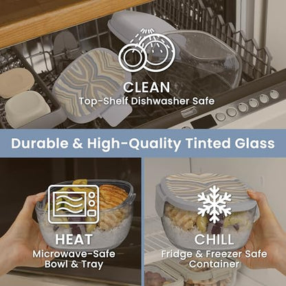 Bentgo Glass Prints Salad Container - 7.6-Cup Tinted Glass Salad Bowl with Airtight Lid, Leak-Proof Sauce Container, 4-Compartment Bento Meal Prep Tray & Reusable Fork (Wildly Chic - Soft Blue) - color: Wildly Chic - Soft Blue