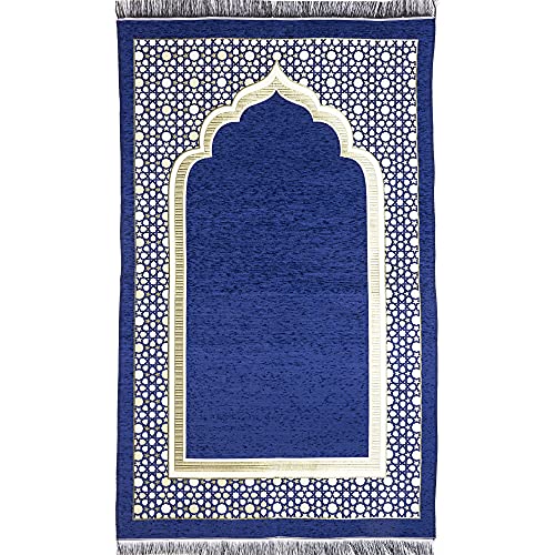 Modefa Turkish Islamic Prayer Mat - Thin Woven Chenille Sajjadah - Intricate Praying Rug Ramadan Eid Gift - Traditional Muslim Janamaz Sajada for Men Women - Geometric Selcuk Star (Royal Blue) - color: Royal Blue
