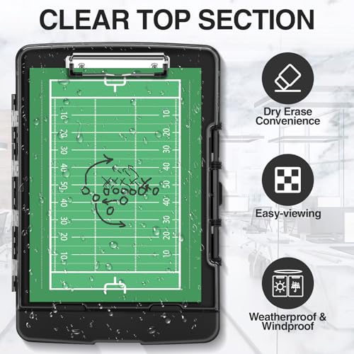 Sooez Original Clipboard with Storage & Pen Holder, Heavy Duty Clip Boards 8.5x11 with Dual Storage, Clearview Dry Erase Coach Clipboard with Real Hinge, High Capacity, School & Office Supplies - color: Black