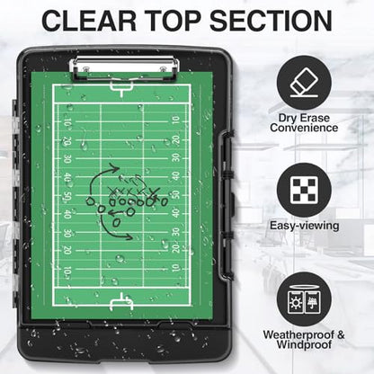 Sooez Original Clipboard with Storage & Pen Holder, Heavy Duty Clip Boards 8.5x11 with Dual Storage, Clearview Dry Erase Coach Clipboard with Real Hinge, High Capacity, School & Office Supplies - color: Black