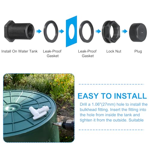 PATIKIL PVC Bulkhead Fitting with Cap NPT1/2" Female x GHT 3/4" Male, 6 Pack Double Threaded Bulkhead Water Tank Connector with Seal Gasket for Rain Bucket Sinks Aquariums, Black