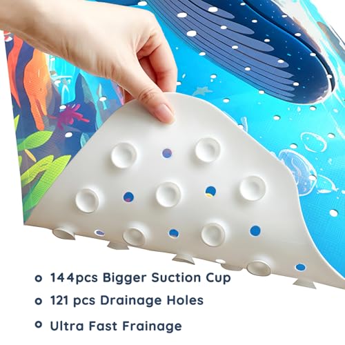 LNOND Bath Mat for Tub for Kids, Ocean Bathtub mat Non Slip,Blue Whales Bath Mats for Bathroom Non Slip with Drain Holes and Suction Cups,Machine Washable (40 X 16 Inch) - color: Blue Whales