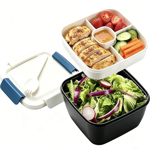 5-in-1 Lunch Boxes Salad Bowl Set with Lid, Compartment Tray, Salad Spoon, and 2oz Dressing Container – Portable Bento-Style Lunch Container for Meal Prep, Work, Travel, and Picnic