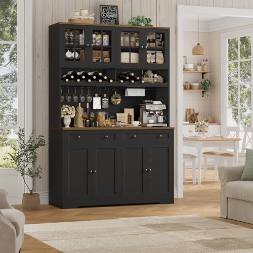HOSTACK 75" Kitchen Pantry Storage Cabinet, Coffee Bar Hutch Cabinet, Black | Tall Pantry Cabinet with Charging Station / Wide Countertop / Glass Doors / Wine Rack / Cup Holder / Drawers, Dining Room - color: Black