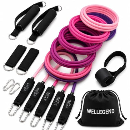WELLEGEND Resistance Bands Set with Handles, Door Anchor & Ankle Straps, 100 lbs Stackable Exercise Bands, 5 TPE Resistance Tubes for Home Workout, Strength Training, Yoga & Pilates