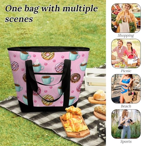 SWEET TANG Soft Cooler Bag, Large Reusable Insulated Grocery Bag with Zipper Top, Travel Tote for Hot or Cold Food (Coffee Donuts Pink) - color: Pattern 85