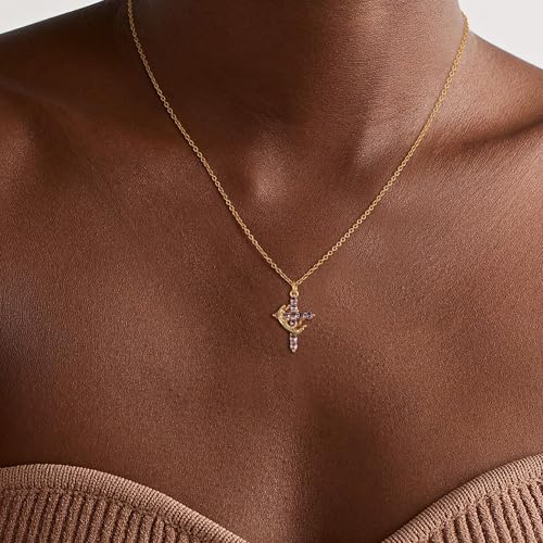Robaice Upgraded Crown Cross Necklace for Women, 14K Gold Plated - color: M06 Alexandrite Purple, Jun