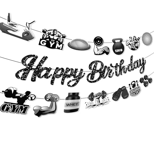 3Pcs Gym Happy Birthday Banner Barbell Boxing gloves Party Hanging Banner Fitness Theme Birthday Bridal Wedding Baby Shower Boys Girls Kids Home Classroom Party Supplies Decorations - color: Gym