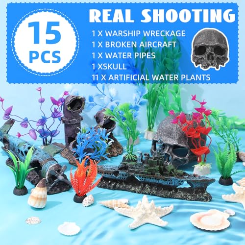 Kathfly 15 Pcs Aquarium Decoration Set, Resin Aquarium Accessories, Including a Battleship, a Broken Airplane, a Four-Way Water Pipe, a Black Skull, and Artificial Aquatic Plants(Trendy Style) - style: Trendy Style
