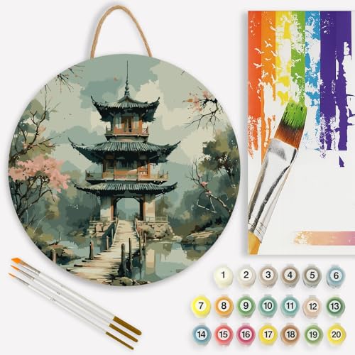 Tranquil Pagoda in the Lake Paint by Numbers Kit for Adults on Wood Board – DIY Chinese Garden Wood Craft Painting Kit, 12 in Round, Acrylic Paint Set, Beginner-Friendly, Relaxing Home Decor Gift - color: FM04190