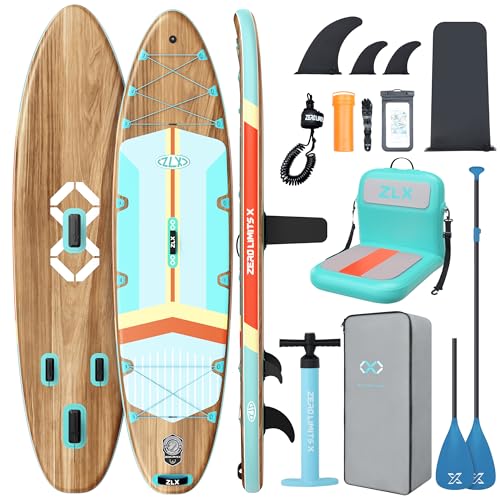 ZLX 11'6"x35" Ultra Wide Inflatable Stand Up Paddle Board | Stable Non-Slip Deck Pad, Unique Fin System, Premium SUP Accessories & Backpack - Upgraded Pump for Adults, All Skill Levels - color: Brown Wood Seat