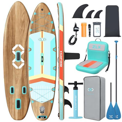 ZLX 11'6"x35" Ultra Wide Inflatable Stand Up Paddle Board | Stable Non-Slip Deck Pad, Unique Fin System, Premium SUP Accessories & Backpack - Upgraded Pump for Adults, All Skill Levels - color: Brown Wood Seat