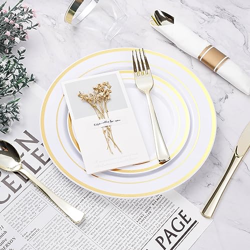 BESTVIP 350PCS Gold Plastic Dinnerware Set, Disposable Party Plates for 50 Guests, Include: 100 Plastic Plates, 50 Pre Rolled Napkins with Gold Silverware, 50 Cups - color: Gold, size: 50 Guests