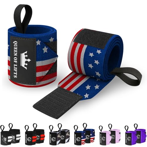TECEUM Weightlifting 18" & 12" Wrist Wraps with Thumb Loop – Heavy Duty Wrist Workout Braces for Men and Women – Ideal for Powerlifting, Strength Training, Bodybuilding - color: US Flag, style: 12" – Queen of Lifts