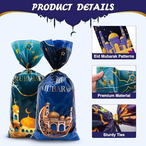 Eid Mubarak Gift Bags, Eid Goodie Bags, Ramadan Goodie Bags, Eid Mubarak Plastic Cellophane Treat Bags Candy Cookie Snack Goody Bag with Ties for Islamic Muslim Eid Mubarak Party Favor Supplies, 50Pcs