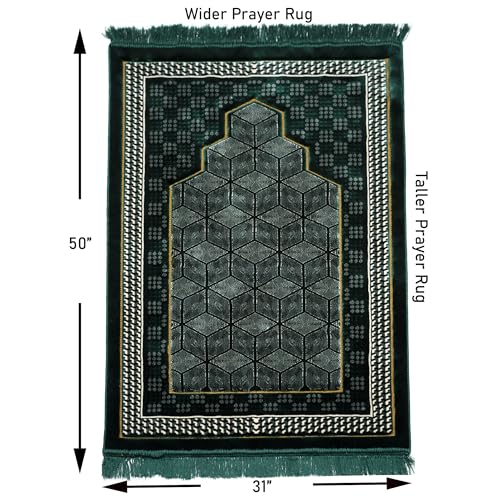 Modefa Turkish Islamic Velvet Prayer Rug - Thick & Wide Soft Carpet for Men & Women - Double Plush Large Janamaz - Eid & Ramadan Gift - with Kufi, Beads & Car Hanger - Geometric Noor (Green) - color: Green