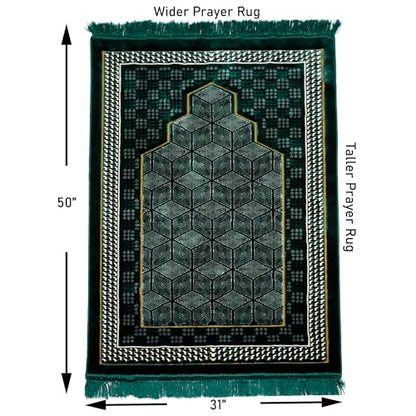 Modefa Turkish Islamic Velvet Prayer Rug - Thick & Wide Soft Carpet for Men & Women - Double Plush Large Janamaz - Eid & Ramadan Gift - with Kufi, Beads & Car Hanger - Geometric Noor (Green) - color: Green
