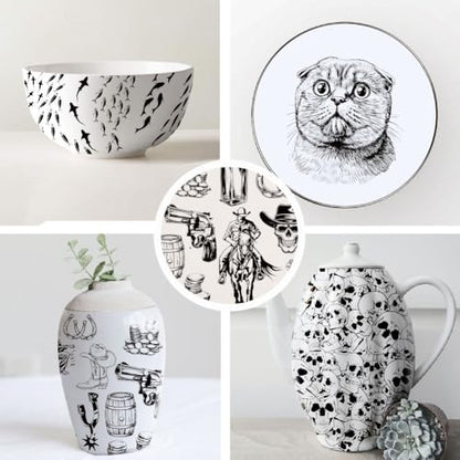 SUPERDANT 6 Style Skull Cat Fish Underglaze Paper Transfer Ginkgo Cowboy Transfer Paper for Clay Ceramic Porcelain Under Glaze Transfers for Pottery Enamel Decals Black Underglaze Decal Papers Gifts