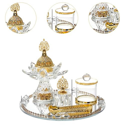 Generic Glass Incense Burner 5-Pieces Set Ramadan Decoration with Tray Storage Jar and Tongs Censer Arabian Incense Holder,Attractive Gold Incense Burner Set for Yoga SPA Desk Decor - style: Style D