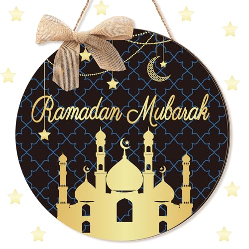 Shellwei Ramadan Door Sign for Front Door Ramadan Kareem Hanger Wreaths Eid Mubarak Wooden Hanging Wall Decor Eid Mubarak Moon Sign for Front Porch Wall Pediments Decorations - style: Castle