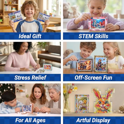 TOSY Picture Cube Cute Dinos: 6-in-1 Magnetic Picture Puzzle, Easter Basket Stuffers STEM Gift for Kids & Adults, 48 Blocks, 288 Puzzle Faces, 0.6 in, B021, Seamless UV Art, Display-Ready Frame