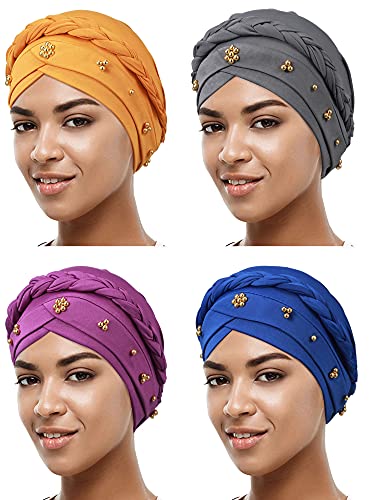SATINIOR 4 Pieces Turban for Black Women African Cap Head Wraps Beaded Headscarf Beanie Wrap - color: Grey, Yellow, Light Purple, Royal Blue, style: Bead Style