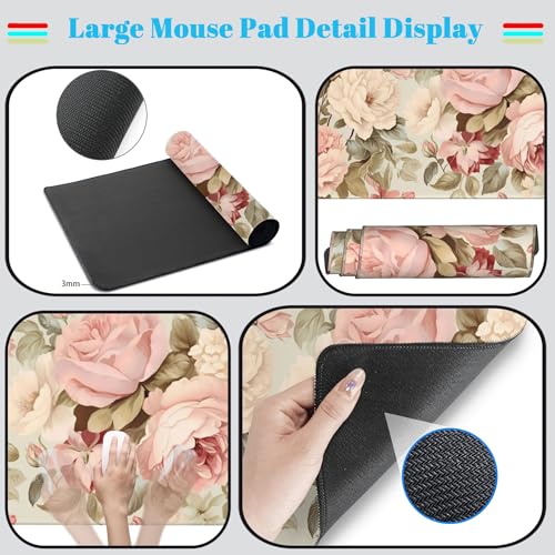 Cute Floral Desk Mat Pastel Roses Gaming Mouse Pad XXL Large Extended Flowers Desk Pad, Laptop Keyboard and Mouse Mat with Stitched Edges, Women Computer Desktop Mat Gamer Playmat 31.5x15.7 in - color: Pastel Roses