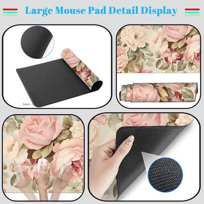 Cute Floral Desk Mat Pastel Roses Gaming Mouse Pad XXL Large Extended Flowers Desk Pad, Laptop Keyboard and Mouse Mat with Stitched Edges, Women Computer Desktop Mat Gamer Playmat 31.5x15.7 in - color: Pastel Roses