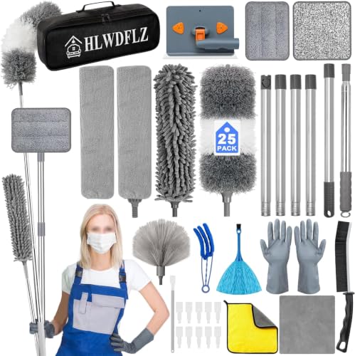 Microfiber Duster Kit 25pcs with 30 to 100 Inches Extension Pole and Baseboard Cleaner Tool, Washable and Bendable Feather Duster for Cleaning Ceiling Fans, High Ceilings, Cobwebs, Blinds,Grey - size: 25pcs