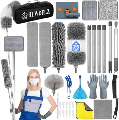Microfiber Duster Kit 25pcs with 30 to 100 Inches Extension Pole and Baseboard Cleaner Tool, Washable and Bendable Feather Duster for Cleaning Ceiling Fans, High Ceilings, Cobwebs, Blinds,Grey - size: 25pcs