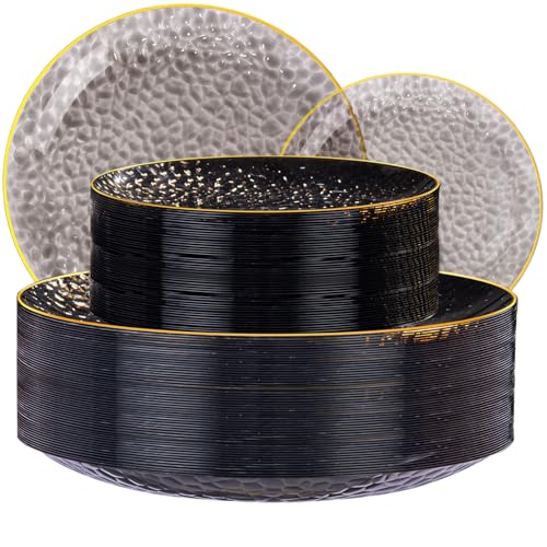 SUT 100Pcs Black Plastic Plates, Hammered Plates Disposable Heavy Duty, Black Disposable Plates With Gold Rim, Fancy Plastic plates Include 50 Dinner plate and 50 Dessert plate for - color: Black, size: 100PCS