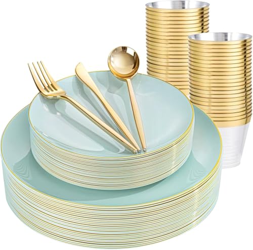 bUCLA 150PCS Green Plastic Plates - Sage Green with Gold Rim Disposable - Include 25 (Dinner & Dessert) Plates, 25 Knives, 25 Forks, 25 Spoons and 25 Cups for Party, Birthday & Spring - color: Sage Green Gold, size: 25 Guests