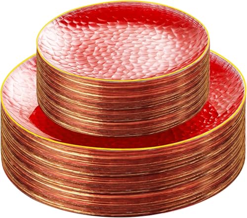 SUT 100Pcs Red Plastic Plates, Hammered Plates Disposable Heavy Duty, Red Disposable Plates With Gold Rim, Fancy Plastic plates Include 50 Dinner Plate and 50 Dessert Plate for Wedding - color: Red, size: 100PCS