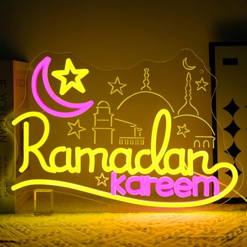 Ramadan Kareem Neon Sign for Wall Decor Dimmable Islamic Mubarak Led Neon Lights Muslim Moon Star LED Signs for Bedroom Religious Church Home Prayer Party Mosque Decoration Gifts - style: Ramadan Kareem