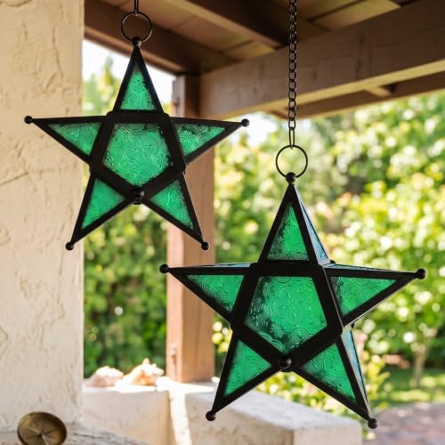 VELA LANTERNS Set of 2 Decorative Hanging Star Candle Lanterns – Moroccan Style Green Glass & Metal Tealight Holders for Indoor, Outdoor, Patio, and Home Decor - color: Green
